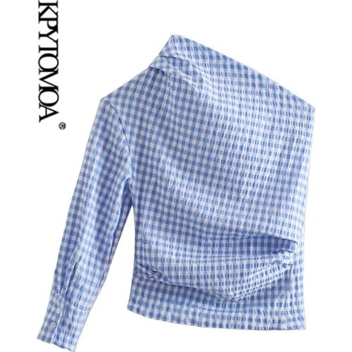 KPYTOMOA Women 2021 Fashion Pleated Asymmetry Check Blouses Vintage One Shoulder Back Button-up Female Shirts Blusas Chic Tops