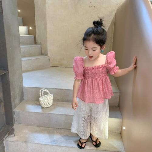 Summer Korean Style Puff Sleeve Baby Girls Princess Blouses 2020 New Pure Color Cute Toddlers Kids Tops Children Pleated Shirts