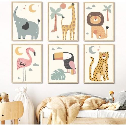 Cartoon Lion Giraffe Leopard Sloth Elephant Wall Art Canvas Painting Nordic Posters And Prints Wall Picture Baby Kids Room Decor