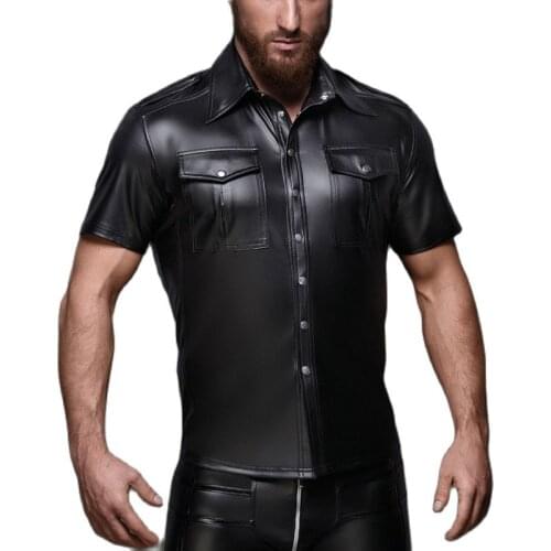 Men Sexy wetlook T-Shirts Soft Faux Leather catsuit Gay Uniform Latex Shirt Tops Clubwear fetish Punk lingerie bodysuit Shirts