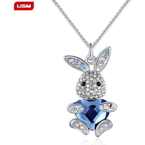 Necklace Cute Cartoon Rabbits Love Heart With Blue Crystal Necklace Bunny Pendant Charm Fashion Jewelry Drop Shipping
