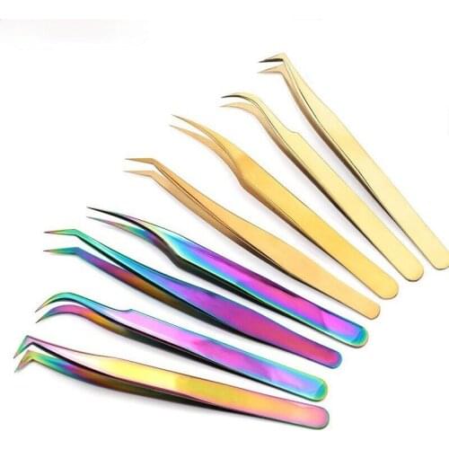 Stainless Steel Eyelashes Tweezers Professional For Lashes Extension Gold Decor Anti-static Eyebrow Tweezers Eyelash Extension