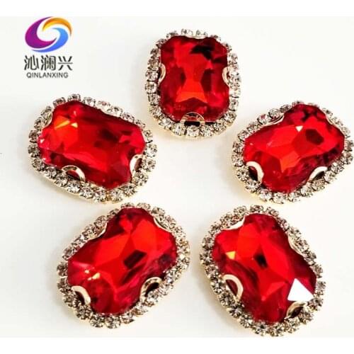 Gold bottom Rectangle shape Red color top quality glass crystal buckle,sew on rhinestones for diy jewelry accessories SWCBG07
