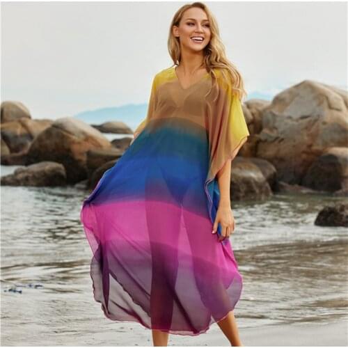 Chiffon Rainbow Bikini Cover-ups Boho V-neck Summer Beach Dress Tunic Women Plus Size Sexy Beach Wear Swim Suit Cover Up