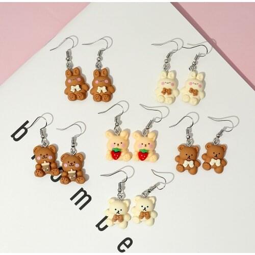 Cute sweets cartoon bear strawberry rabbit earrings for women pendant animal custom made Hoop earrings for women girl Jewelry