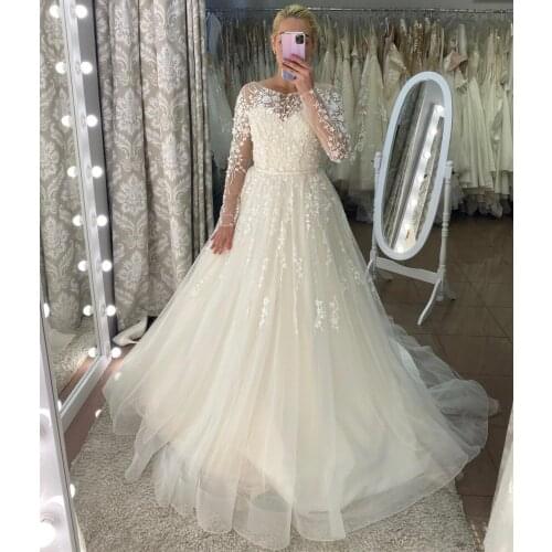 Wedding Dress O-Neck Illusion Tulle Full Sleeve Lace Appliques Sashes Button Floor Length Sweep Train Gorgeous Bridal Gown New