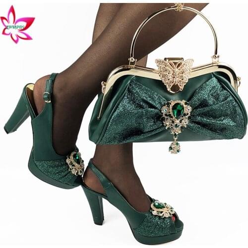 Dark Green Women Matching Shoes and Bag Set Office Lady Shoes and Bag Mature Style Shoes for Party with Shinng Crystal