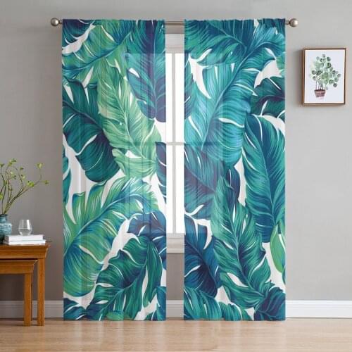 Tropical Leaves Green Palm Leaves Tulle Sheer Window Curtains for Living Room Kitchen Children Bedroom Voile Hanging Curtain