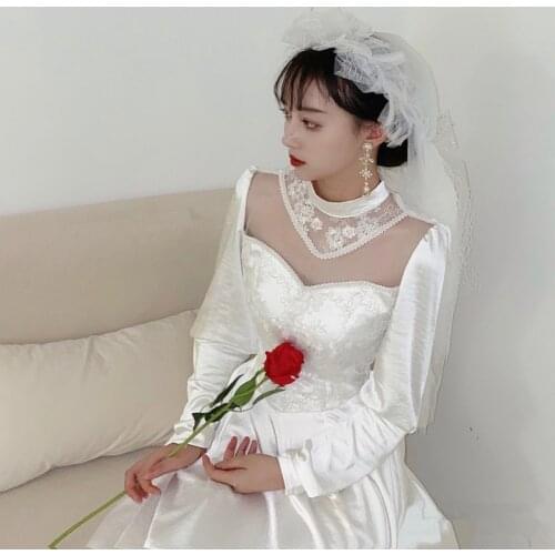 Simple Satin Wedding Dress Tea Lenght Long Sleeves Lace High Neck Korean Style robe de mariage Wedding Gown Private Marriage