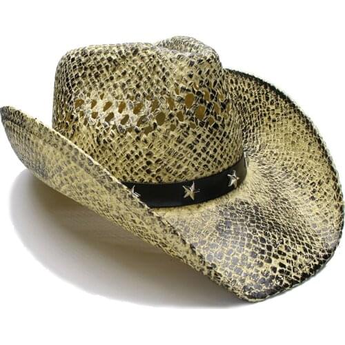 Retro Women Men Summer Straw Wide Brim Beach Hollow-out Western Cowgirl Fedora Cowboy Hat Five-pointed Star Leather Band 58cm