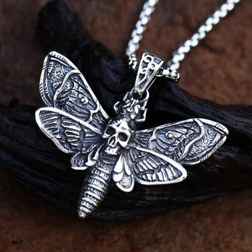 Beier Wholesale Stainless Steel Death Head Skull Butterfly Moth Pendant necklace For Man Punk good detail Animal Jewelry BP8-592
