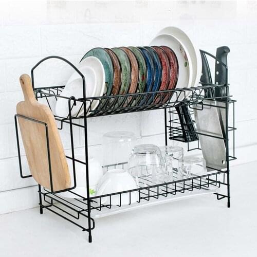 2 Tiers Metal Dish Drainer Kitchen Dish Rack Storage Shelf Washing Holder Basket Plated Knife Sink Drying Storage Organizer Tool