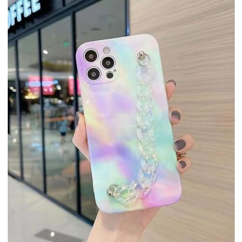 Wrist Chain Case for iPhone 12 11 Pro Max 7 8 Plus XS Max Marble Stone IMD Cases Rainbow Laser Chain Hanging Case for iPhone 11