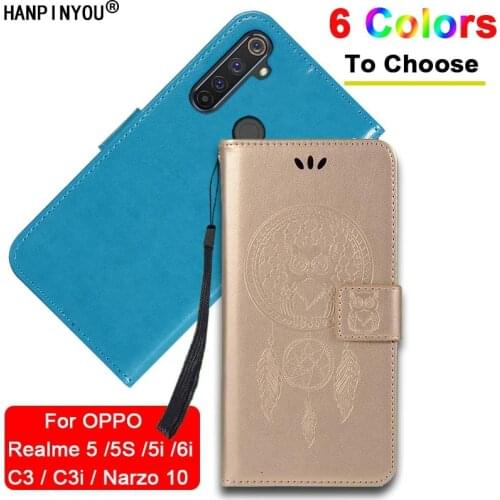 For Realme 5 5S 5i 6i C3 C3i Narzo 10 A Embossed Owl Feather Flip Leather Wallet Phone Case Magnetic button Cover With Card Slot