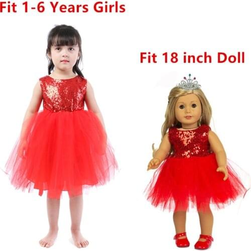 Factory Hot Sale !!! Doll and Girl Matching Red Wedding Gauze Sequins Princess Dress for Girls and 18" American Dolls Clothes