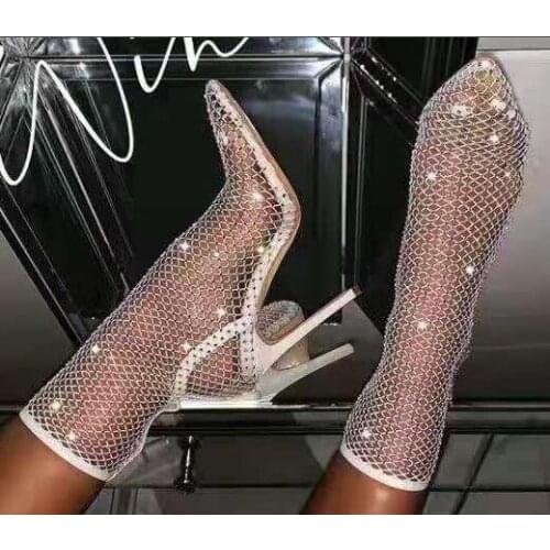 Hot White Black Bling Bling Sequins Diamond Crystal Clear PVC Pointed Toe Heel Strap Mid-calf Stiletto Heels Short Boots Woman