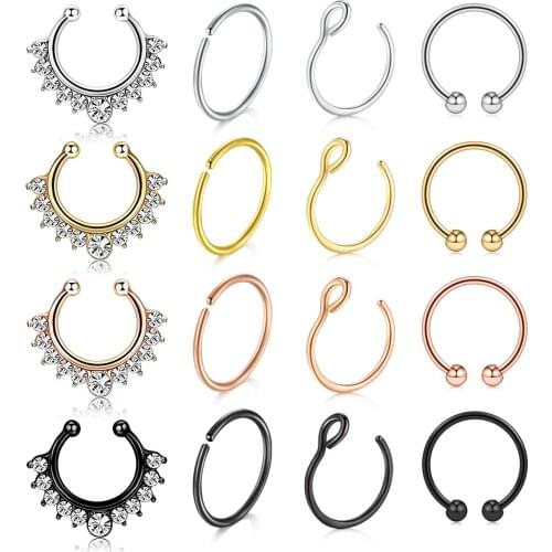 Jforyou Fake Nose Rings Hoop 12-16pcs Stainless Steel Faux Fake Lip Ear Nose Septum Ring Non-Pierced Clip On Nose Hoop Rings