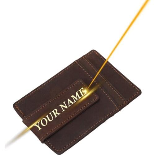 Engraved Name Mens Leather Money Clip Wallet Crazy Horse Skin Mini Creative Ultrathin Pocket Clamp Credit Card Case Customized
