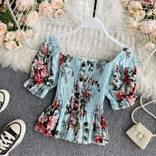 Summer Beach Floral Flowers Printed Tops Women Ins Fashion Short Crop Tops Female Slim Waist Slash Neck Puff Sleeves Tops Mujer