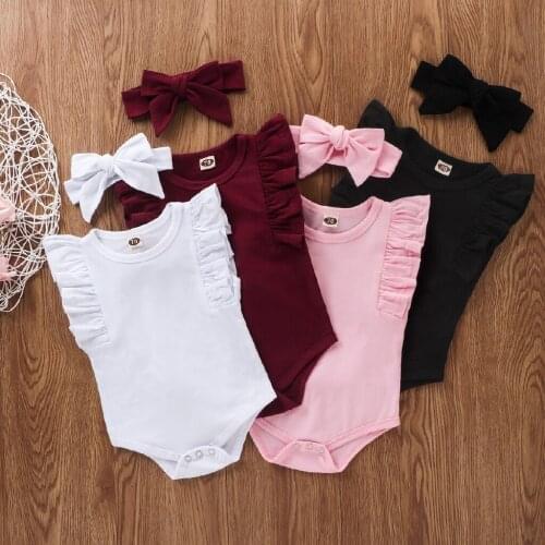 Summer Newborn Baby Girls Rufflles Romper Girl Baby Jumpsuit Playsuit Solid and Bow Headband Baby Clothes Outfits Suits 0-24M