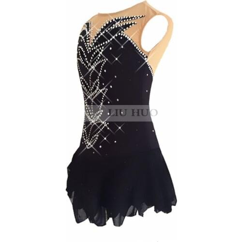 Figure Skating Dress Womens Girls' Ice Skating Dress Pure black Flower drill pattern Sleeveless style Competition clothing