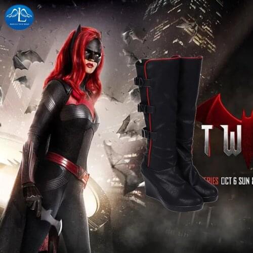 Manluyunxiao High Boots Batwoman Cosplay DC Superhero Kate Kane Halloween Costumes For Women Black Leather Shoes
