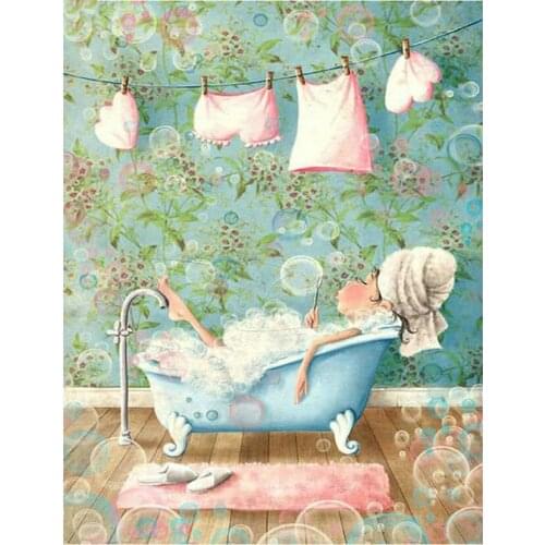 Diy Puzzles Diamond Embroidery Cartoon Girl Bathing Full Square Drill Mosaic Diamond Painting Bathroom Cross Stitch GJ746
