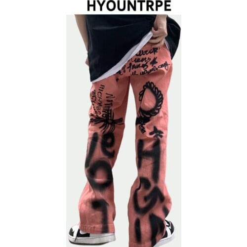 High Stret Harajuku Graffiti Pants Mens Straight Zipper Trouser 2021 New Hip Hop Streetwear Casual Loose Baggy Jeans Men Joggers