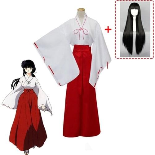 New Anime Inuyasha Kikyo Cosplay Costume Female Japanese Kimono Set Campanulaceae Cosplay Halloween Costume Top + Skirt + Wig