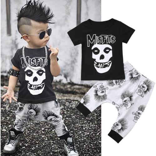 2PCS Newborn Toddler Baby Boy Clothes Black Skull print T-Shirt Top + Long Pant Outfit Kids Summer Cotton Clothing Set 0-3Y