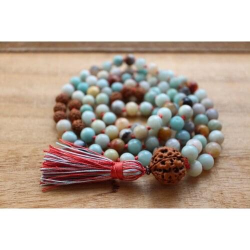 Amazonite and Rudraksha Knotted Necklace 108 Mala Beads Necklace Tassel Necklaces Prayer Necklaces Yoga Mala meditation Beads