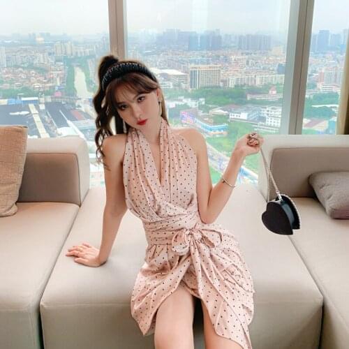 Summer Woman Sexy Slim Backless Polka Dot Halter Gown Dress Fashion Waistband Split vestido de noche