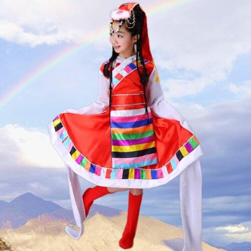 Multi Colour Tibetan Dance Costume Ethnic Clothing Elongated Sleeves Tibetan Dance Dress Chinese Folk Dance