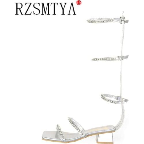 Gladiator Sandals Women Crystal Square Heel Ankle Strap Lady Shoes Zip Cross-strap Roman Shoe Summer Square Toe Sandals Ladies