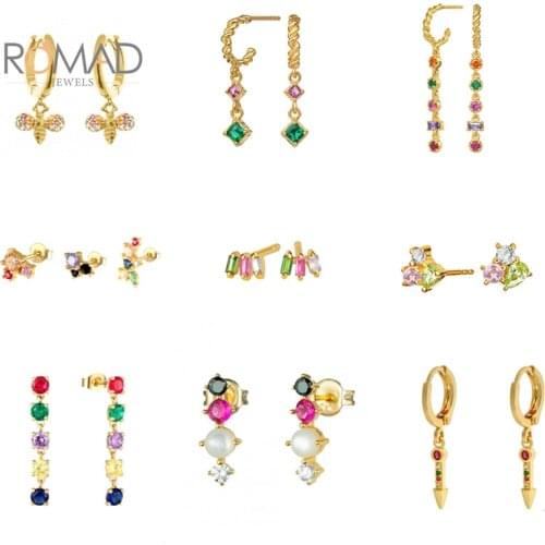 ROMAD Women Colorful Diamond Rainbow Earrings Huggie 925 Sterling Silver Hoops Earrings Trend Sliver Jewelry Kolczyki Damskie