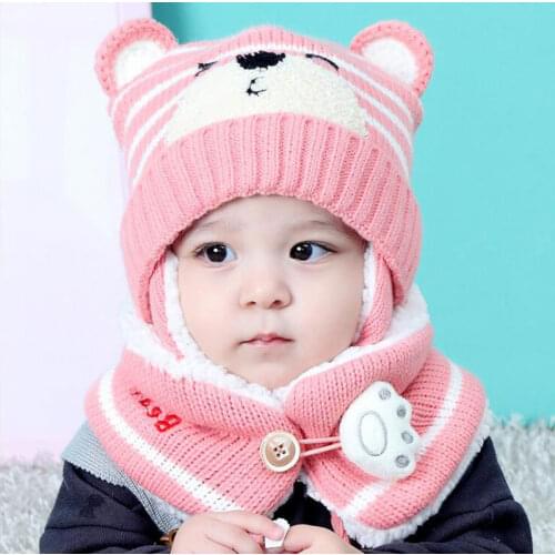 Unisex Child Beanies Cap Set Baby Kids Cartoon Design Stripe Knit Add Velvet Hat and Scarf Winter Warm Suit Set