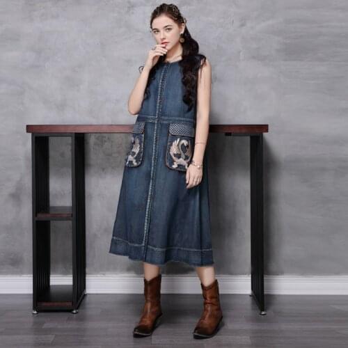 Womens Spring Summer 2021 New Loose Vest Denim Dress Retro Elegant Fashion Temperament Embroidery Plus Size Dress