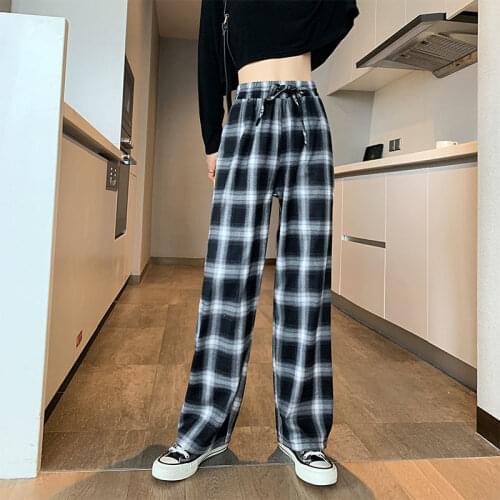Women Black And White Plaid Pants Straight Autumn And Winter Casual Style Pants