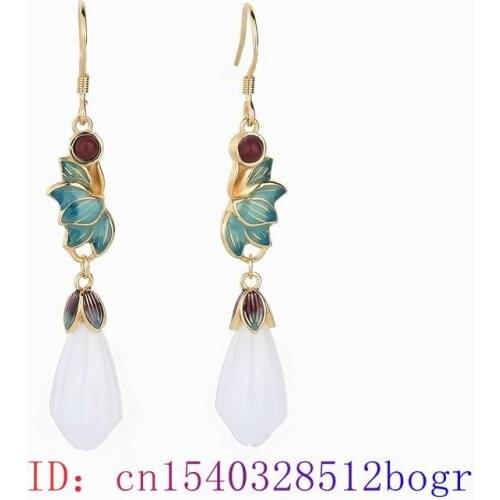 White Jade Flower Earrings Crystal Fashion Women Gemstone Natural Chalcedony Charm Zircon Amulet Gifts 925 Silver Jewelry