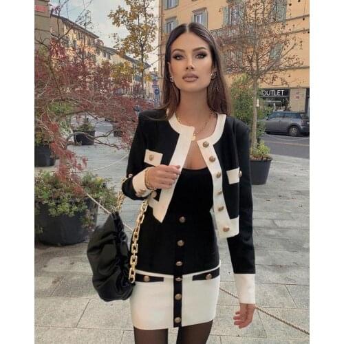 Women Clothing Set Winter 2020 Sexy Designer Button Black Two Pieces Set Party High Street Celebrity Bandage Crop Tops Skirts