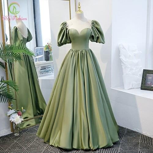 SSYFashion New Avocado Green Satin Evening Dress for Women Princess Puff Sleeve A-line Long Prom Formal Gowns Vestidos De Noche