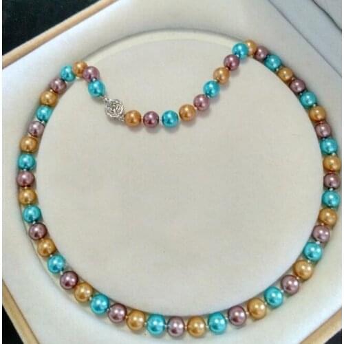 Woman classic jewelry necklace 8mm round bead purple blue mixed Natural SOUTH SEA SHELL PEARL NECKLACE 18'' 45cm flower clasp