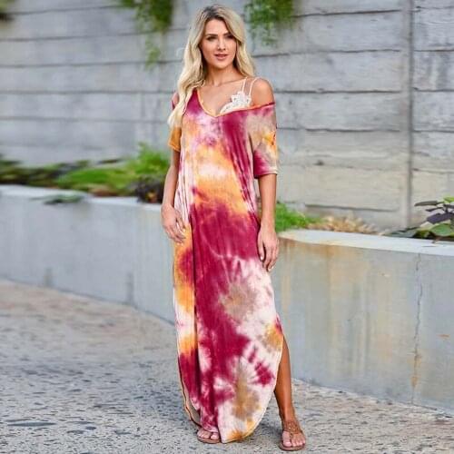 Plus Size Women Clothing Dress V Neck Short Sleeve Tie-dye Print Maxi Dress Side Slit Irregular Hem Loose Casual Womens Dresses
