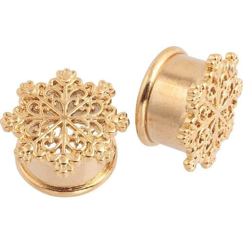 2PCS Gold Brass Ear Plugs Tunnels Piercing Stretchers Tribal Lotus Snow Flower Barbell Earrings Gauges Ear Expander Body Jewelry