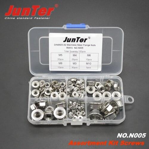 100pcs M3 M4 M5 M6 M8 M10 A2 Stainless Steel Hex Flange Nuts DIN6923 Metric Assortment Kit NO.N005