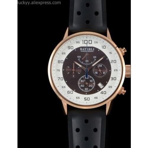 Mens Watches 44mm Casual Quartz Chronograph Rose Gold Stainess Steel Case and Black Rubber Strap Female Clock A182