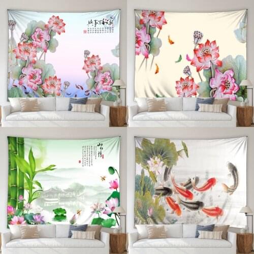 Chinese Style Tapestry Ink Watercolor Lotus Flower Green Bamboo Plants Goldfish Living Room Bedroom Mural Wall Hanging Blanket