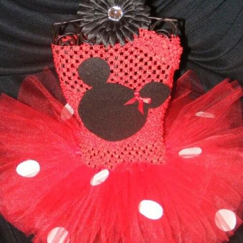 Lovely Girls Red Mickey Tutu Dress Baby Crochet Tulle Dress with White Dots and Flower Headband Kids Cosplay Party Costume Dress