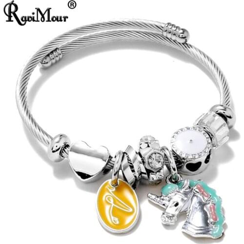 Cute Enamel Stainless Steel Bangles For Women Fashion Jewelry chic Lover Heart Horse Rhinestone Charm Cuff Bracelets Bijoux Gift
