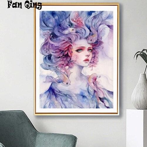 Cartoon 5D DIY Diamond Painting Woman and fish Full Square Round Mosaic Picture Of Rhinestone Embroidery Christmas decoration